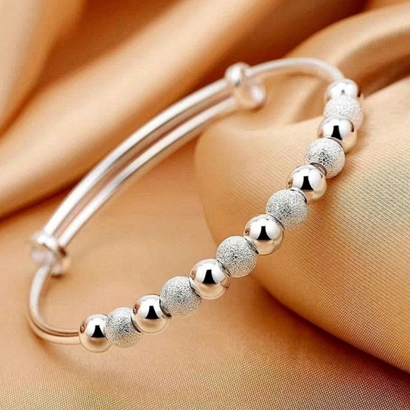 Silver Beaded Bangle Bracelet Adjustable Loose Fit Elegant Dainty Bracelets - Picture 15 of 16